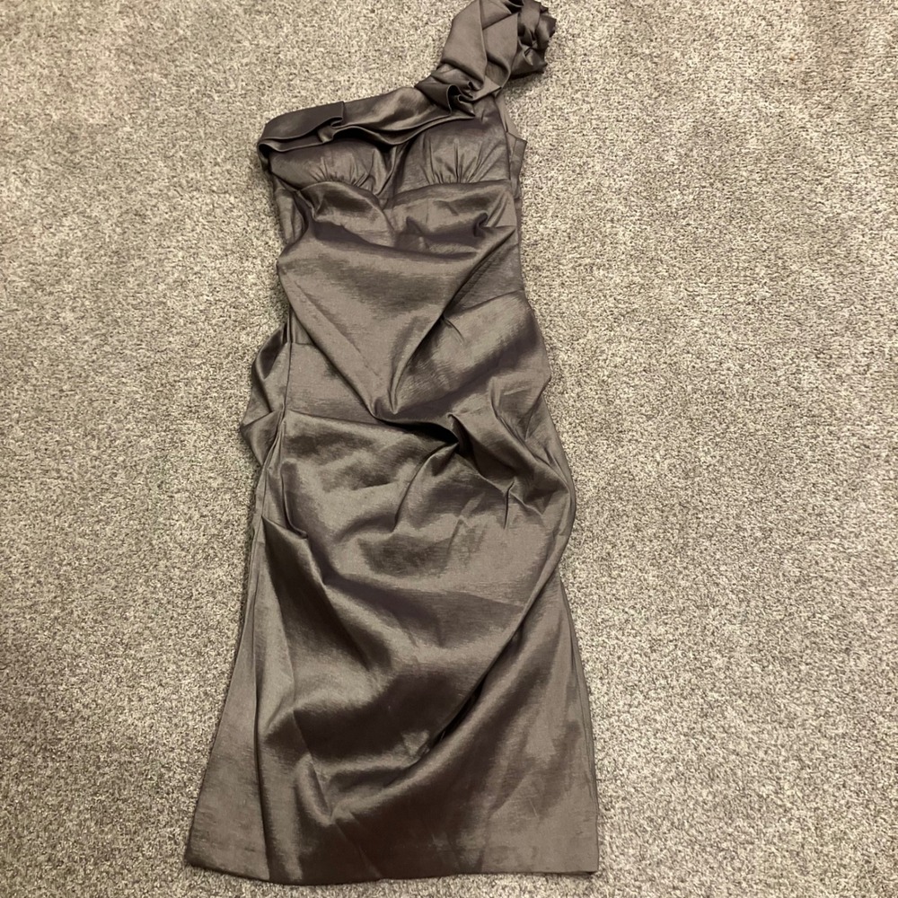 Cache One Shoulder Ruched Metallic Cocktail Dress Taupe 6 HOCO Shimmer Bodycon
